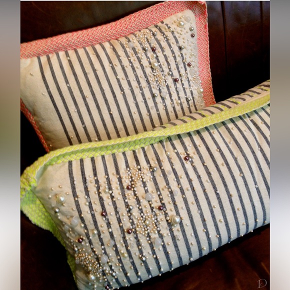 Anthropologie Port Au Pearl Long Accent Pillow Striped Embroidered White Green - Picture 11 of 13